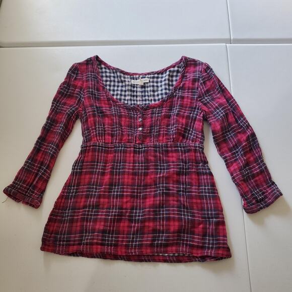 Y2K Aeropostale Shirt Babydoll Womens XS Red Plaid Henley Tunic Long Sleeve - Picture 1 of 8